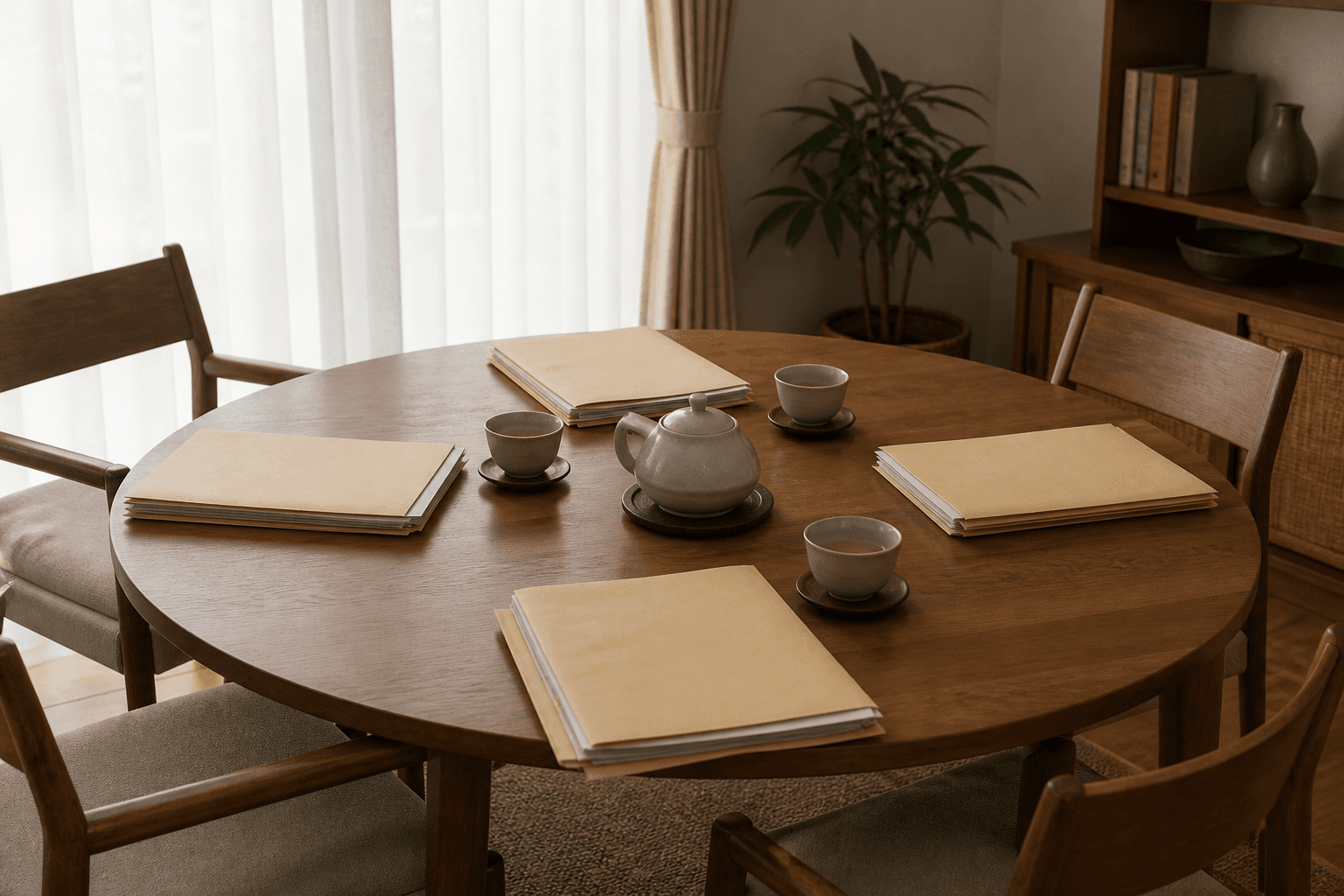 話し合いの場を想定した書類と茶器が並ぶテーブル